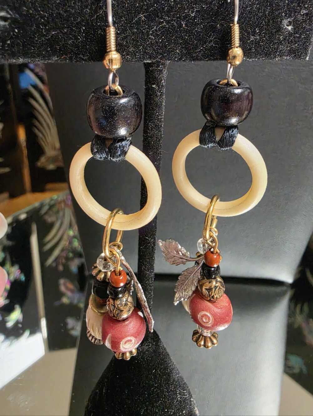 Artisan Boho Onyx Bone Wood Pierced Drop Earrings